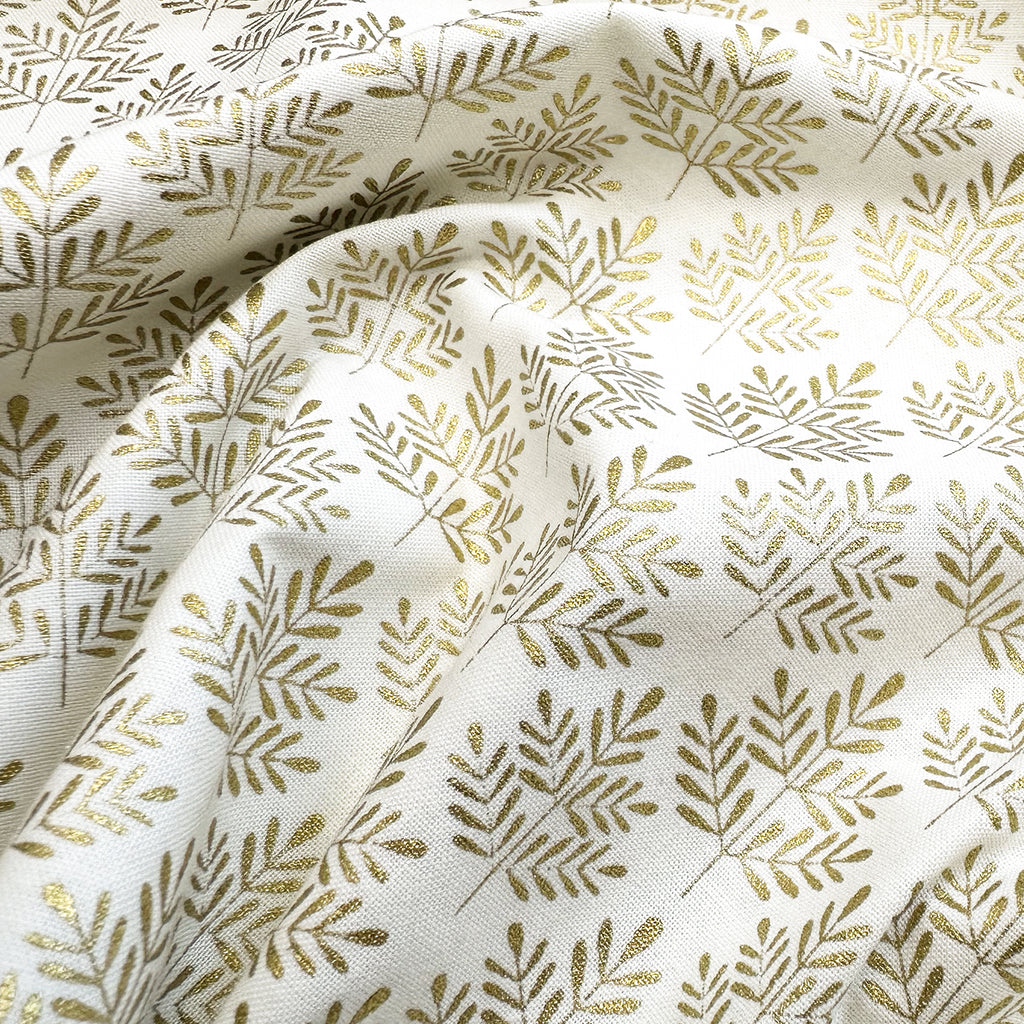 Christmas Fabric - Metallic Gold Sprig Leaf on Cream - Craft Fabric Material