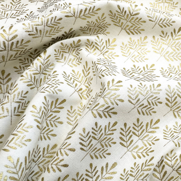 Christmas Fabric - Metallic Gold Sprig Leaf on Cream - Craft Fabric Material