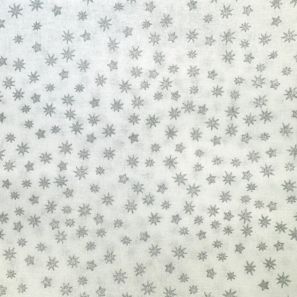 Christmas Fabric - Silver Metallic Stars on White - Cotton Fabric Material