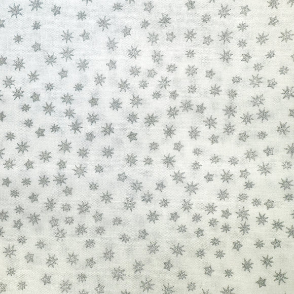 Christmas Fabric - Silver Metallic Stars on White - Cotton Fabric Material