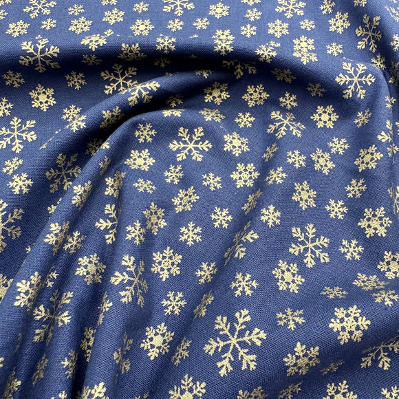 Christmas Fabric - Gold Snowflakes on Navy Blue - Cotton Fabric