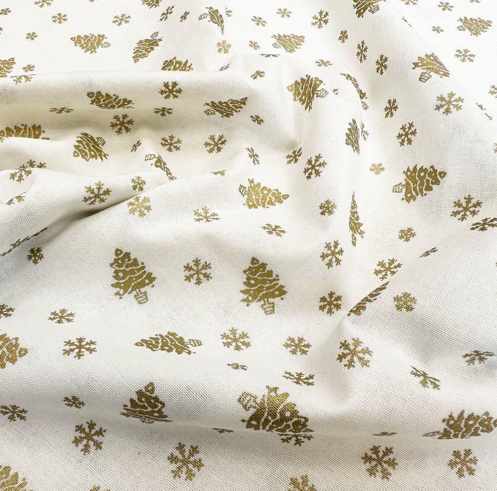 Christmas Fabric - Gold Metallic Trees & Snowflakes on Cream - Cotton Fabric Material