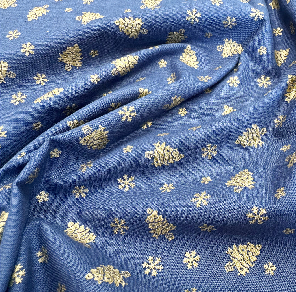 Christmas Fabric - Gold Metallic Trees & Snowflakes on Navy Blue - Cotton Fabric Material