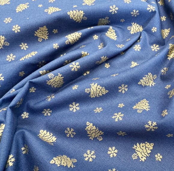 Christmas Fabric - Gold Metallic Trees & Snowflakes on Navy Blue - Cotton Fabric Material