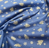 Christmas Fabric - Gold Metallic Trees & Snowflakes on Navy Blue - Cotton Fabric Material