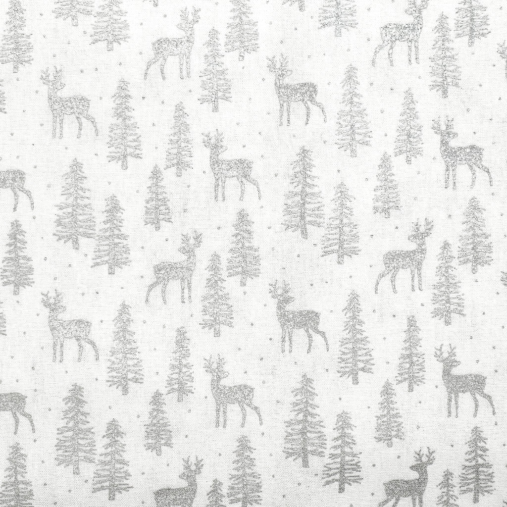 Christmas Fabric - Silver Reindeer & Trees on White - Cotton Craft Fabric Material