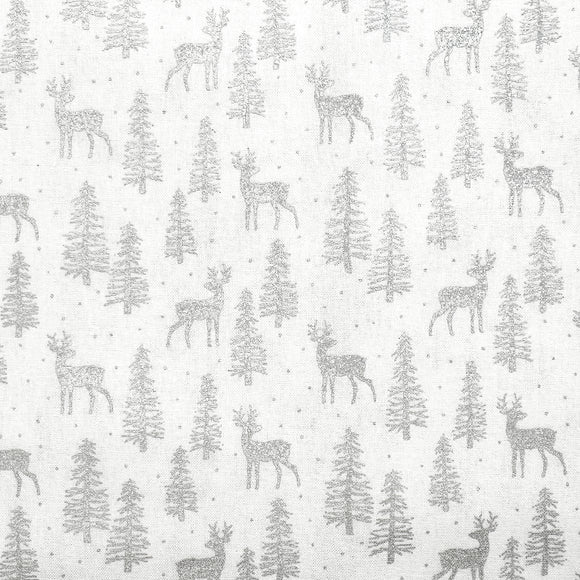 Christmas Fabric - Silver Reindeer & Trees on White - Cotton Craft Fabric Material