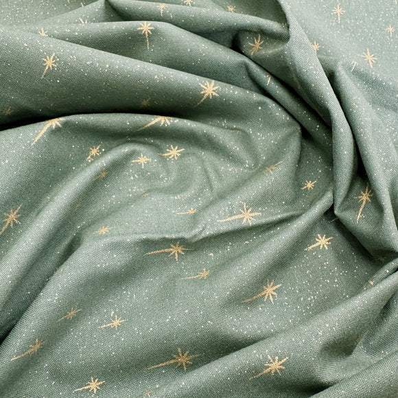 Christmas Fabric - Gold Glitter Stars on Green - Cotton Fabric