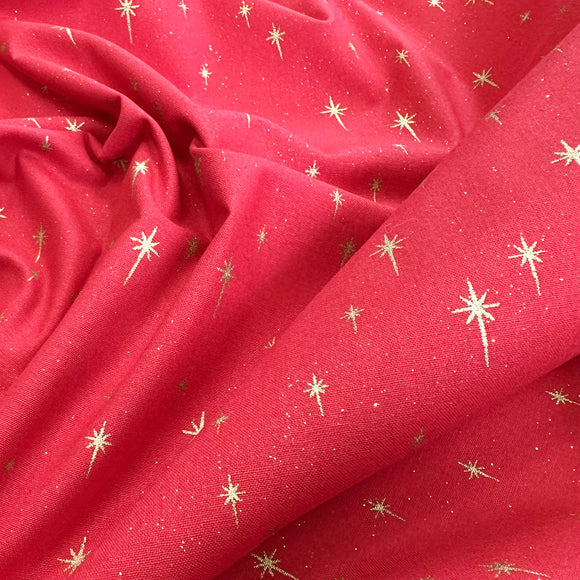 Christmas Fabric - Gold Glitter Stars on Red - Cotton Fabric