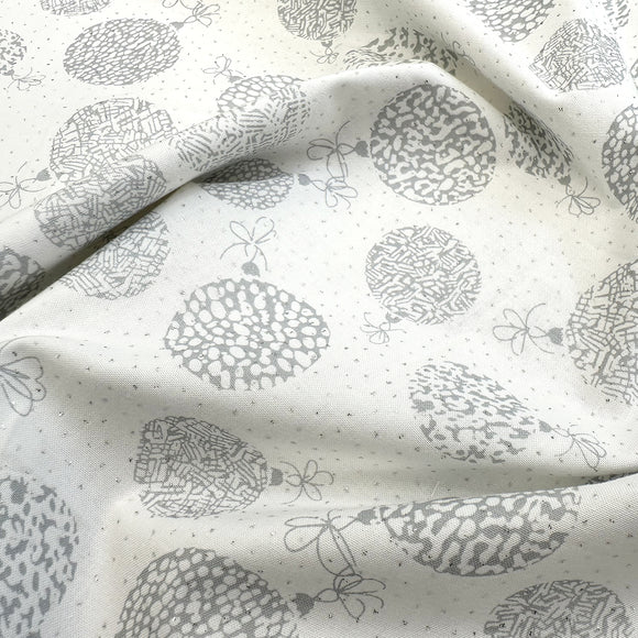 Christmas Fabric - Silver Glitter Baubles on White - Cotton Craft Fabric Material