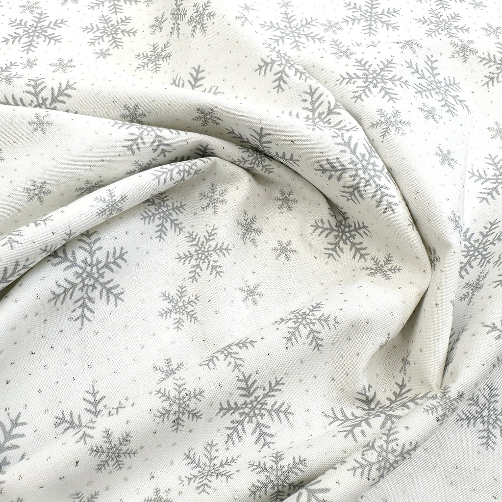 Christmas Fabric - Silver Glitter Snowflakes on White - Cotton Craft Fabric Material