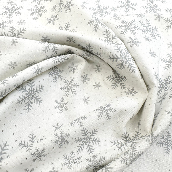 Christmas Fabric - Silver Glitter Snowflakes on White - Cotton Craft Fabric Material