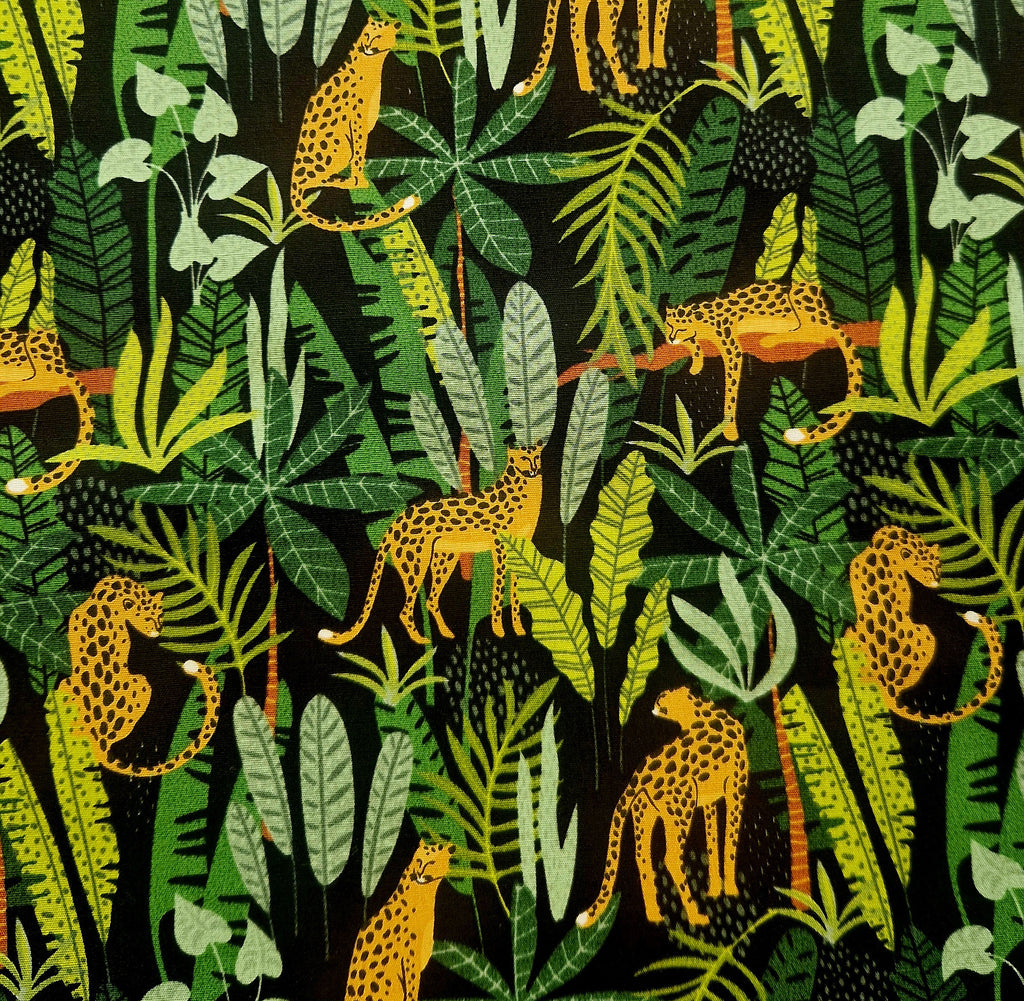 Cotton Poplin Fabric - Jungle Cats on Black