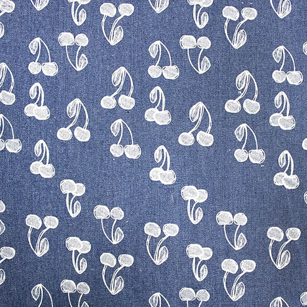 Cotton 8oz Denim Fabric - White Cherry Print Navy Blue - Dress Fabric Material