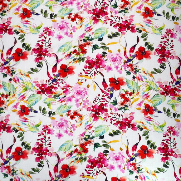 Dressmaking Fabric - Red & Pink Floral Print - Linen Viscose Fabric Material