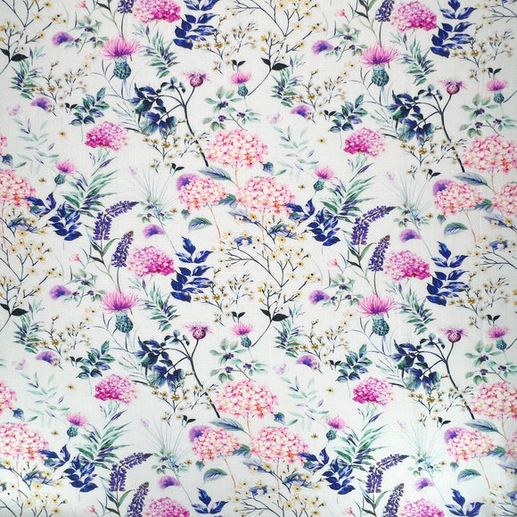 Dressmaking Fabric - Pink & Purple Thistle Floral Print - Linen Viscose Fabric Material