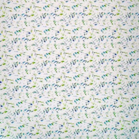 Dressmaking Fabric - Blue & Green Ditsy Leaf Floral Print - Linen Viscose Fabric Material