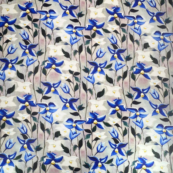 Dressmaking Fabric - Blue & White Floral Print - Linen Viscose Fabric Material