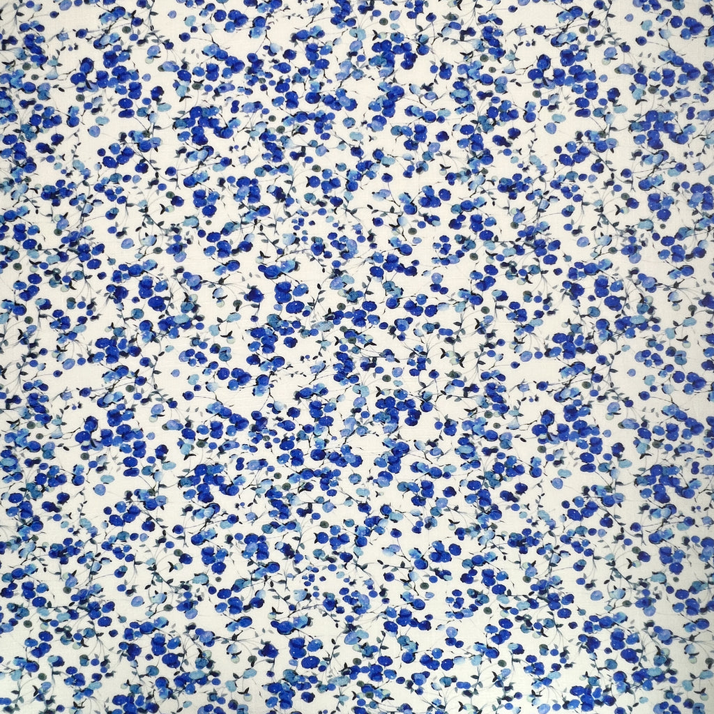 Dressmaking Fabric - Blue Ditsy Berry Leaf Floral Print - Linen Viscose Fabric Material