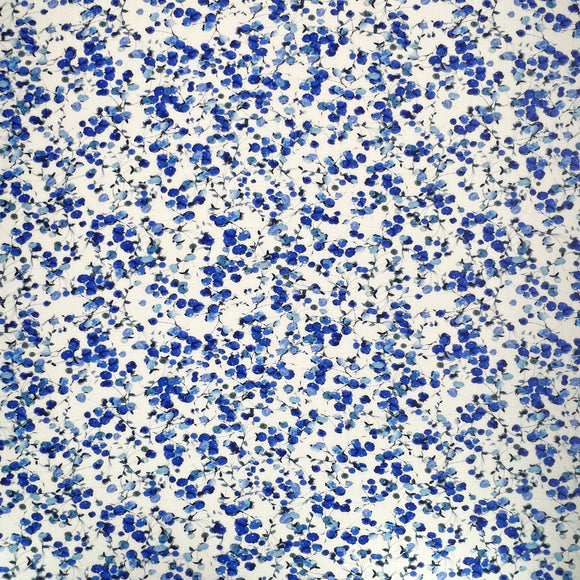 Dressmaking Fabric - Blue Ditsy Berry Leaf Floral Print - Linen Viscose Fabric Material