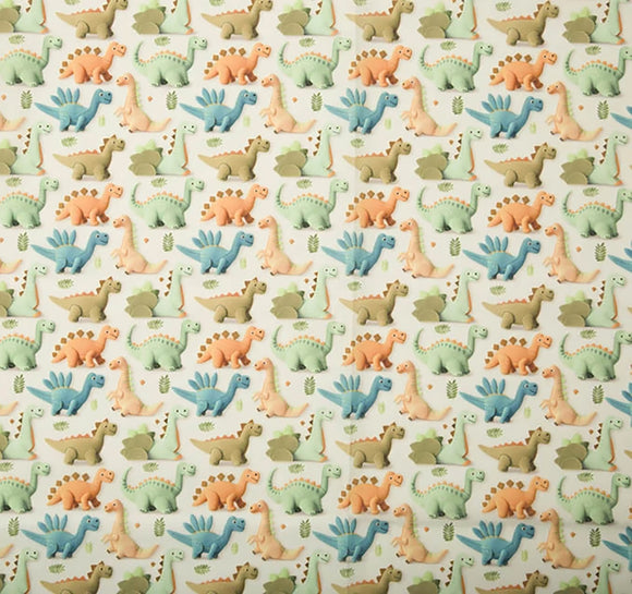 Craft Fabric - Cute 3D Dinosaurs Print - Polycotton Fabric Material