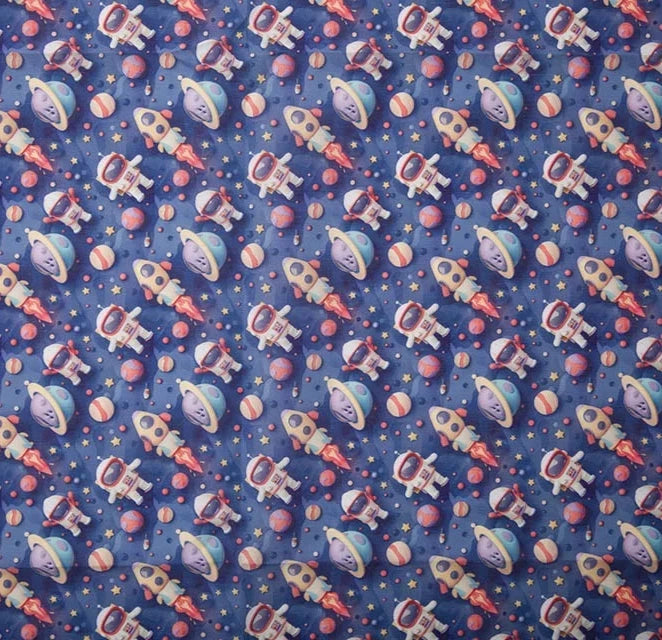 Craft Fabric - Blue 3D Astronauts & Space Print - Polycotton Fabric Material