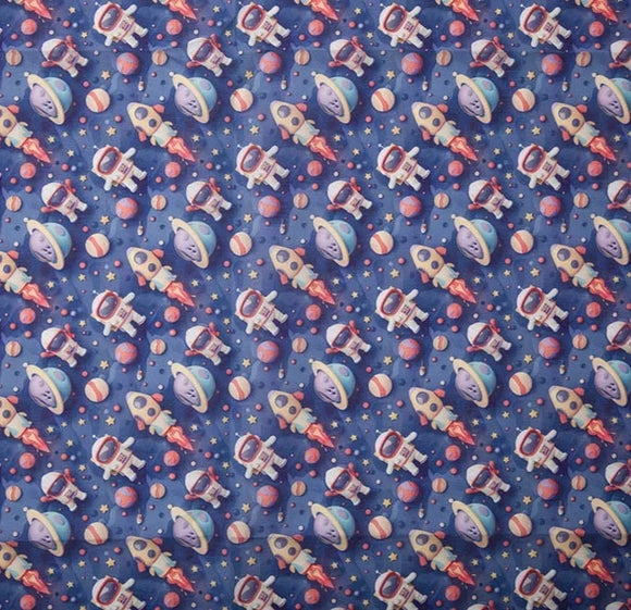 Craft Fabric - Blue 3D Astronauts & Space Print - Polycotton Fabric Material