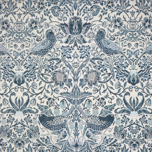 Tapestry Fabric - William Morris - Blue & White Strawberry Thief- Luxury Soft Chenille Upholstery Material