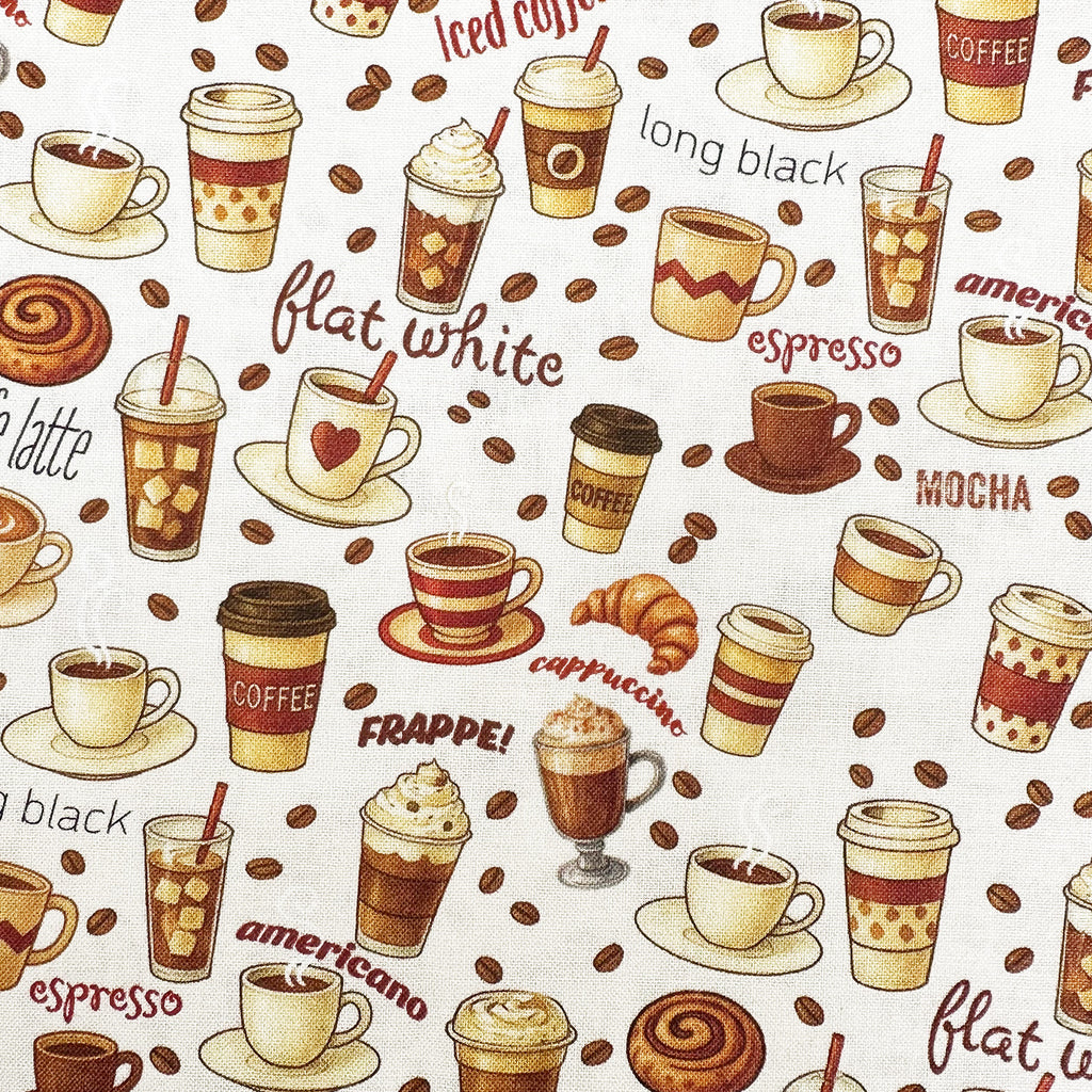 Cotton Fabric - Coffee Cups Cafe Print - Craft Fabric Material