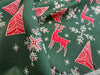 Christmas Fabric - Red Reindeers & Snowflakes on Green - 100% Cotton Fabric