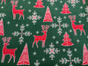 Christmas Fabric - Red Reindeers & Snowflakes on Green - 100% Cotton Fabric