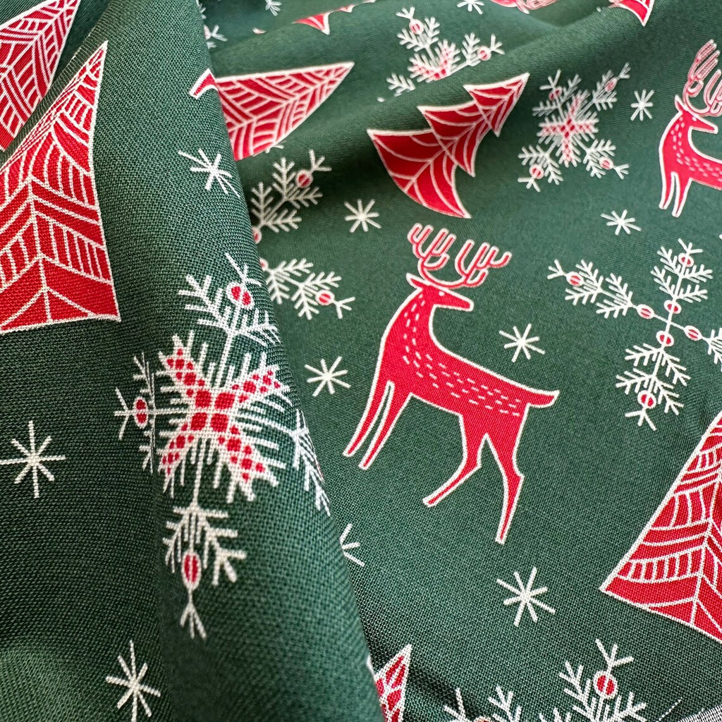 Christmas Fabric - Red Reindeers & Snowflakes on Green - 100% Cotton Fabric