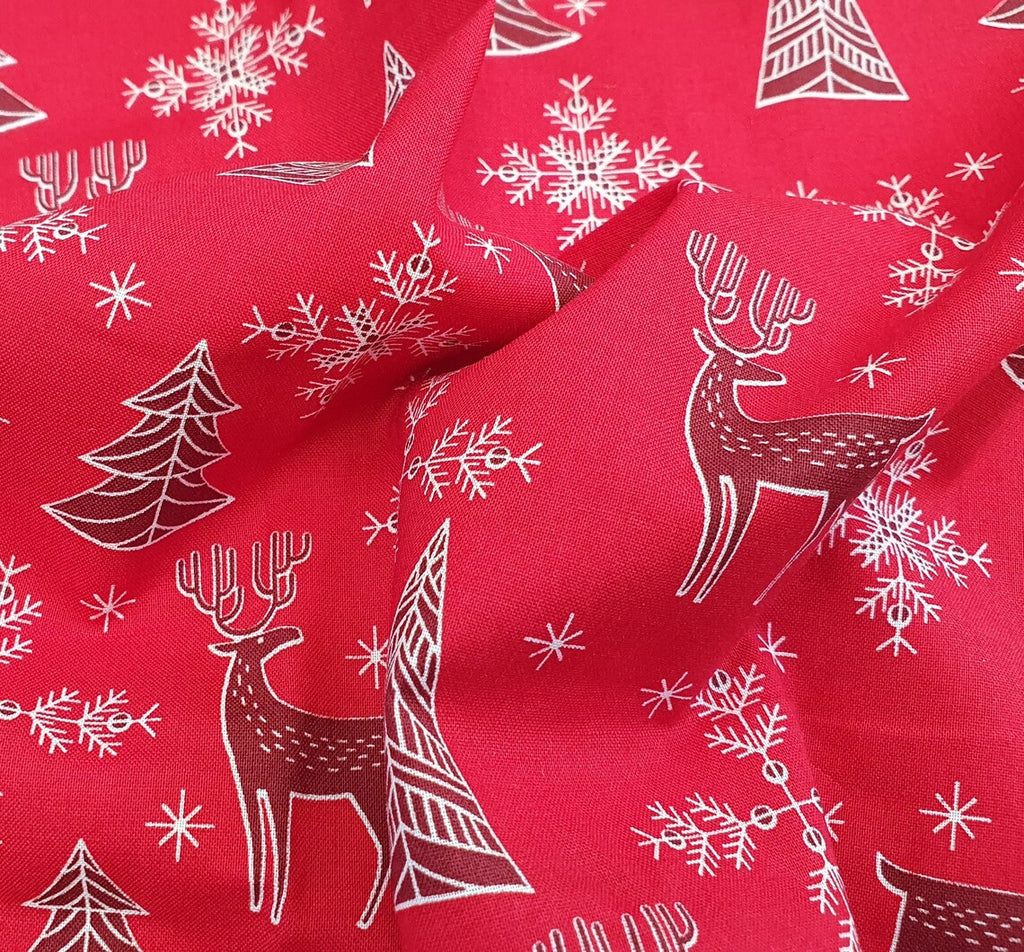 Christmas Fabric - Red Reindeers & Snowflakes on Red - 100% Cotton Fabric