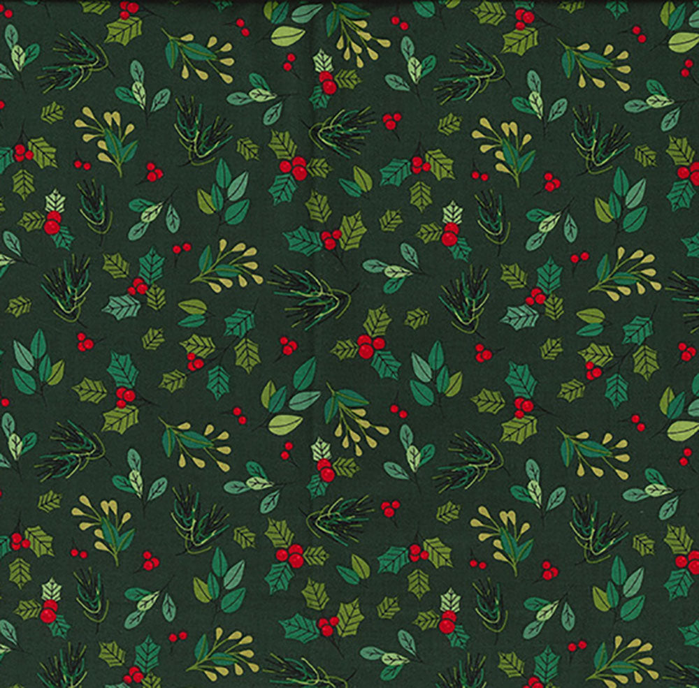 Christmas Fabric - Mistletoe Holly & Red Berries on Green