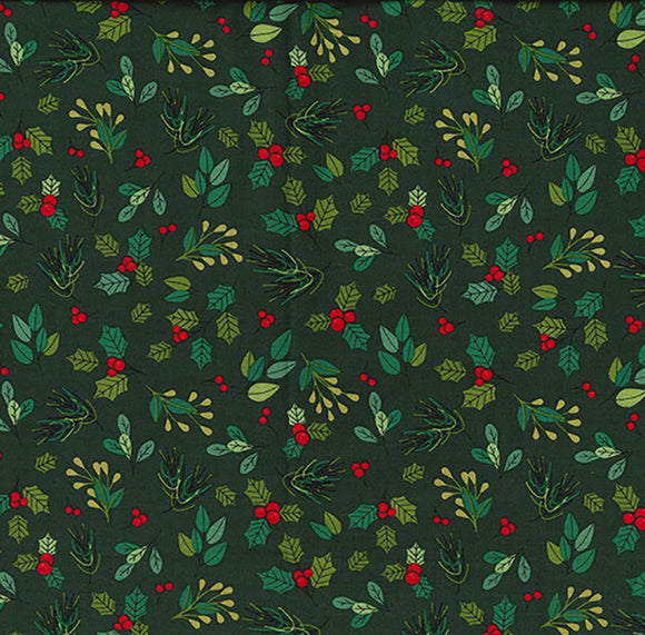 Christmas Fabric - Mistletoe Holly & Red Berries on Green