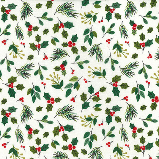 Christmas Fabric - Mistletoe Holly & Red Berries on Ivory