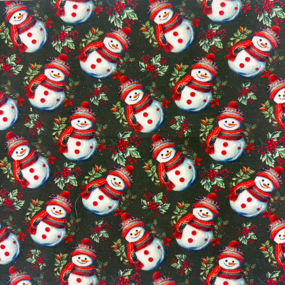 Christmas Fabric - Snowman Snuggles on Green - Quality Polycotton Fabric Material