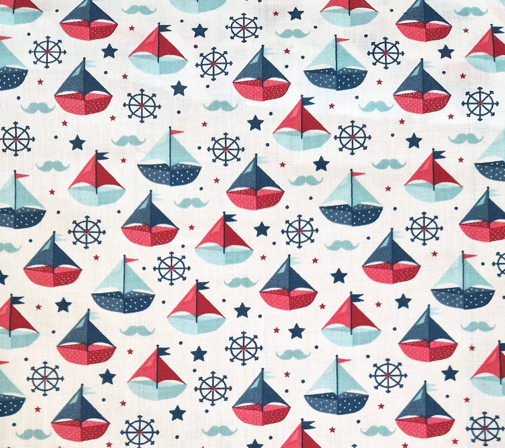 Childrens Fabric ~ Blue Red White Sail Boats on White ~ Polycotton Prints