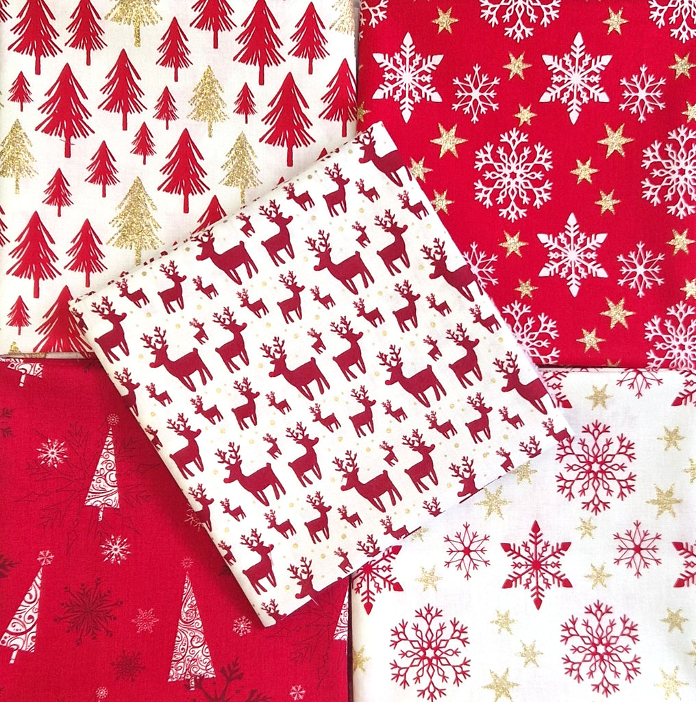 Christmas Fat Quarter Bundle - Red Christmas Stars Reindeers Stags Snowflakes Fabric