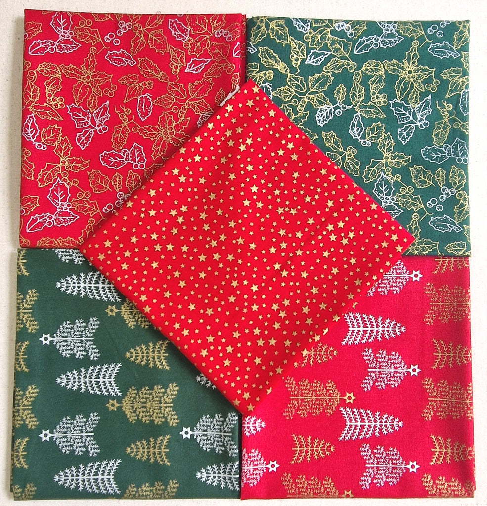 Fat Quarter Bundle - Red & Green Trees Stars & Snowflakes Christmas Mix Bunting Craft Fabric