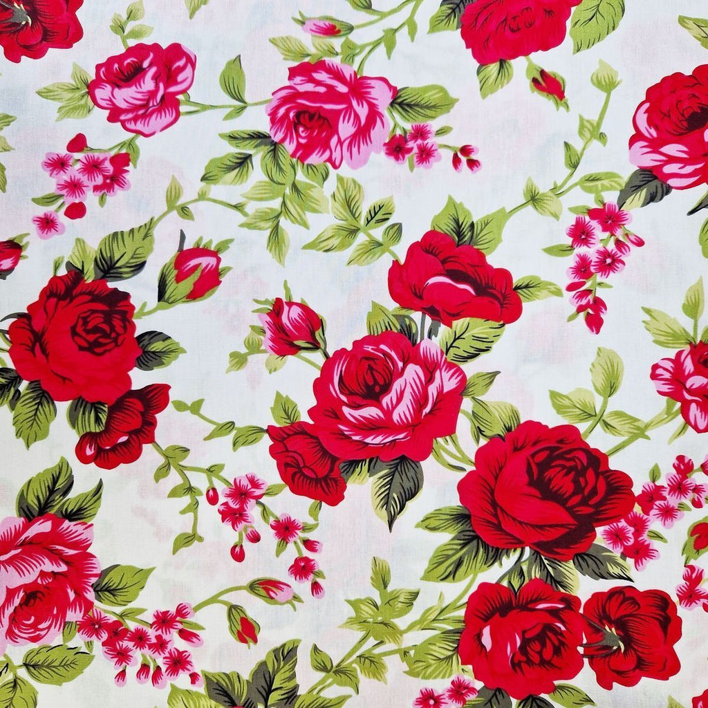 100% Cotton - Country Rose on White - Floral Print Craft Fabric Material