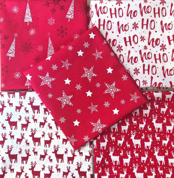 Christmas Fat Quarter Bundle - Red Christmas Stars Reindeers Stags Snowflakes Fabric