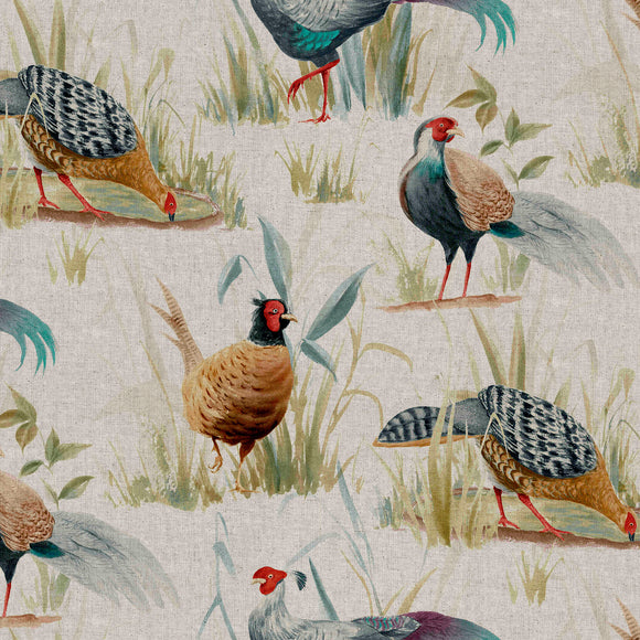 Linen Look Fabric - Game Birds Pheasant Print - Furnishing Curtain Cushion Fabric