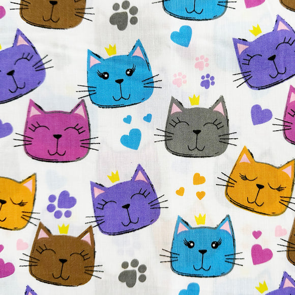 Polycotton Fabric - Cute Bright Multi Colour Happy Cat Faces - Craft Fabric Material Metre