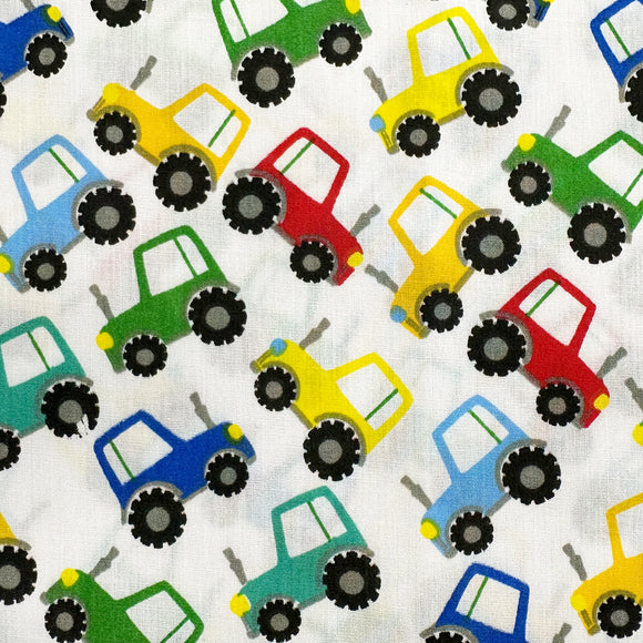 Polycotton Fabric - Cute Bright Multi Colour Farm Tractors - Craft Fabric Material Metre