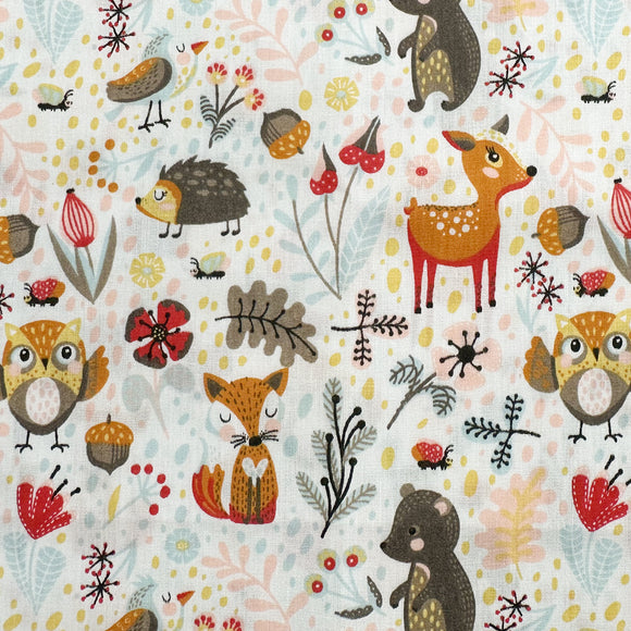 Polycotton Fabric - Cute Autumn Leaf & Forest Animals - Craft Fabric Material Metre