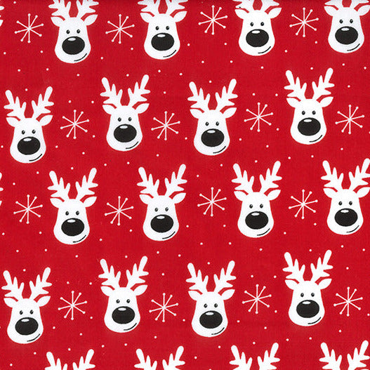 Christmas Fabric - Cute Rudolph Reindeers on Red - Polycotton Prints