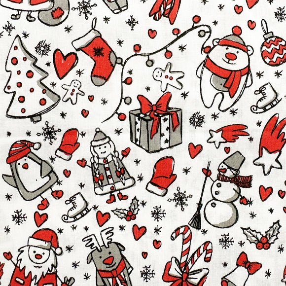 Christmas Fabric - Cute Red Grey Santa Snowmen & Penguins - Polycotton Craft Fabric Material Metre