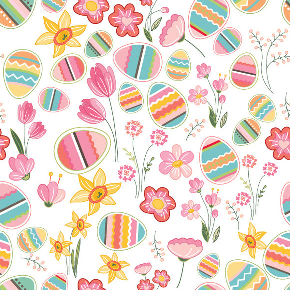 Easter Fabric - Spring Floral & Easter Eggs Cotton Craft Fabric Material