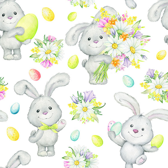 Easter Fabric - Cute Easter Bunny & Spring Floral Print Cotton Craft Fabric Material